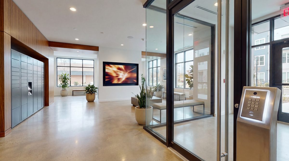 Modern apartment building lobby with digital notice board