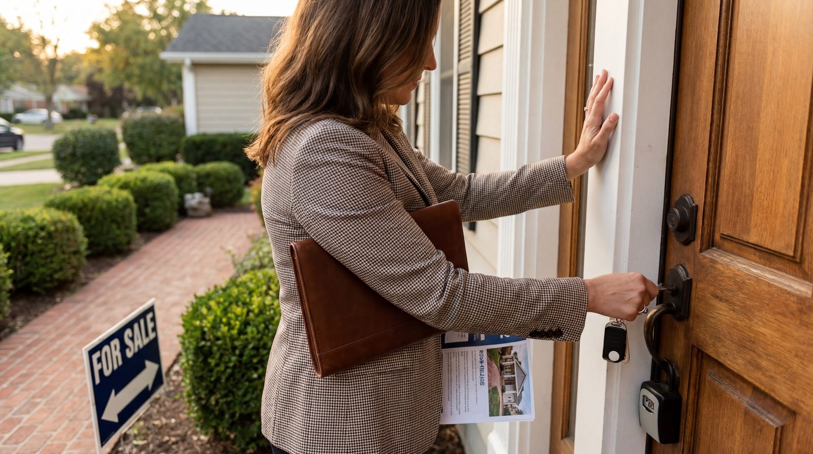 Real estate agent showing a home while their phone rings unanswered with a new buyer lead