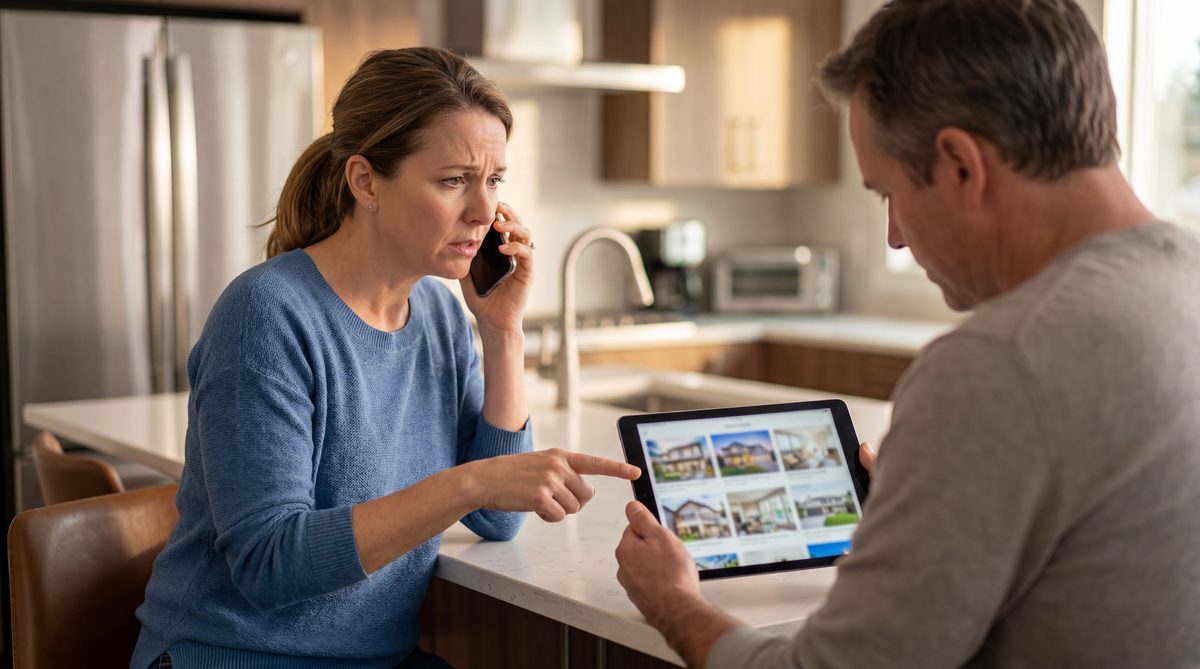 Couple homebuyers reviewing MLS listing photos on a tablet while wife calls a real estate agent