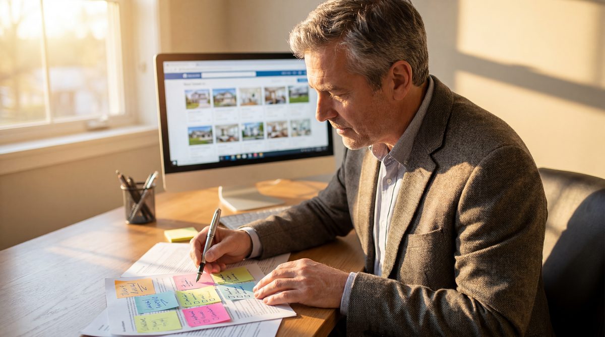 Real estate broker reviewing an answering service evaluation checklist with sticky notes flagging key criteria