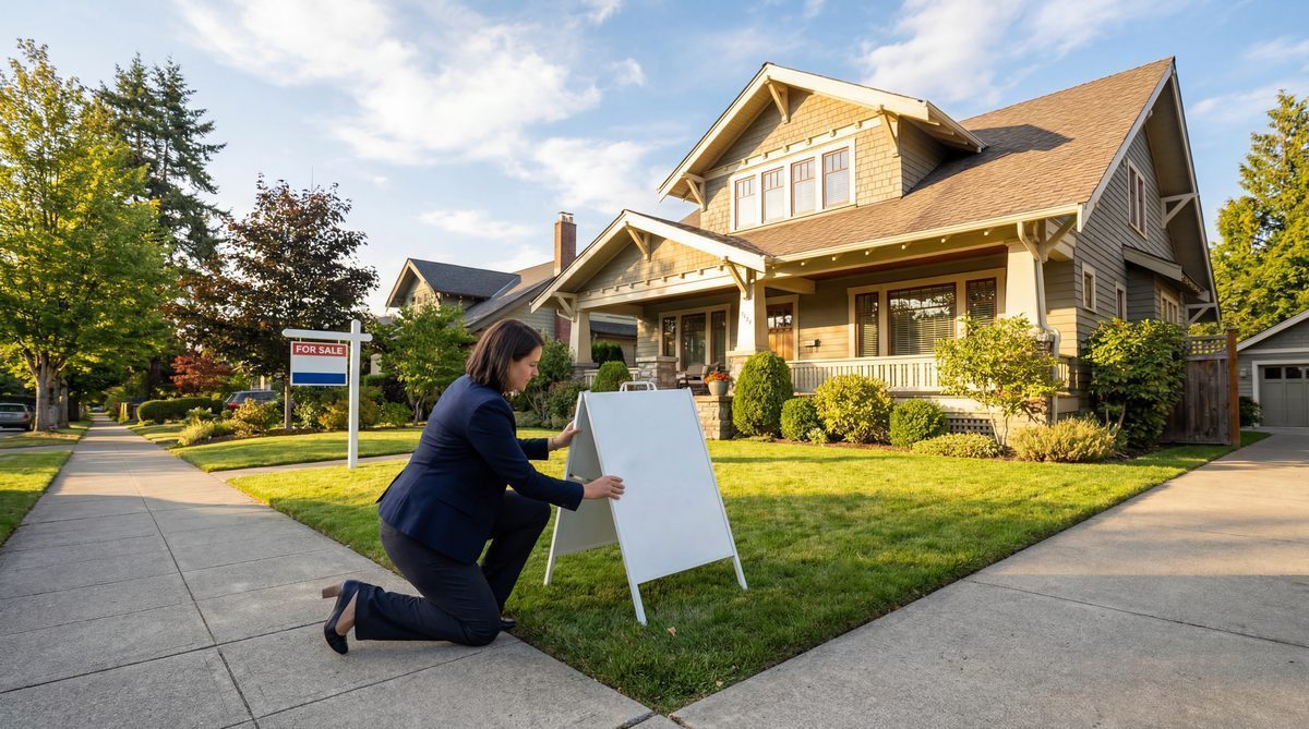 Real estate agent placing open house sign on suburban lawn