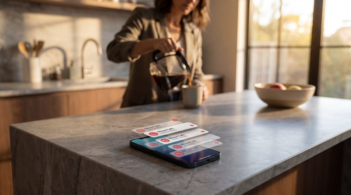 Real estate agent's smartphone on a kitchen counter showing a stack of missed-lead notification badges from Zillow and listing inquiries