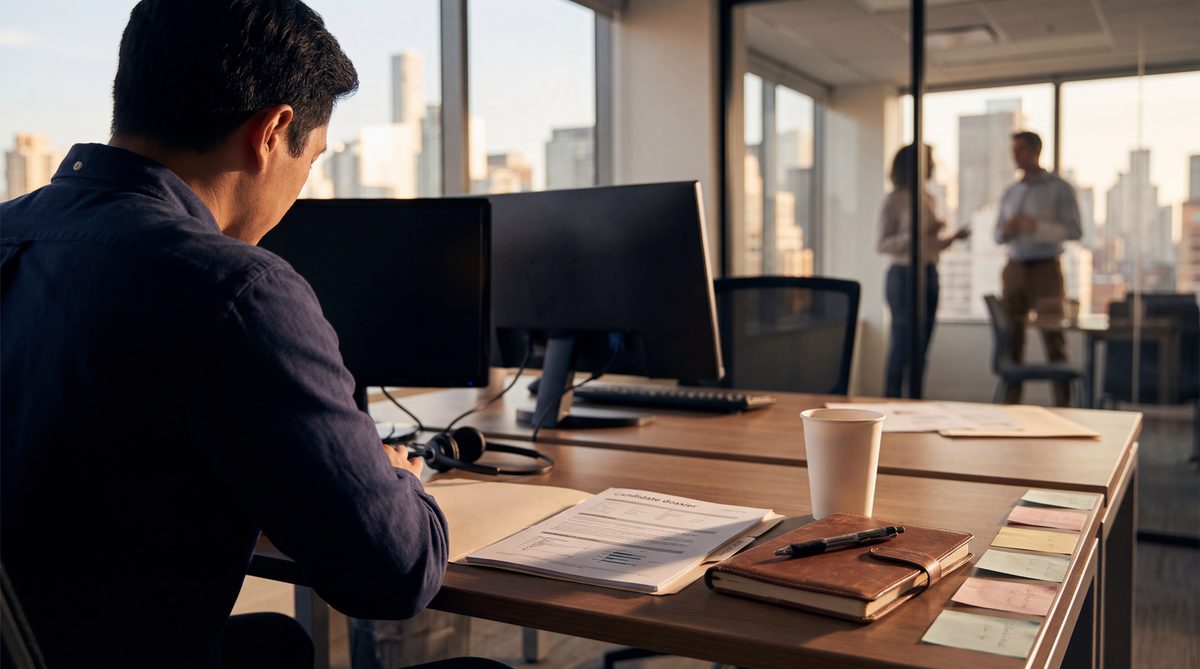 Recruiter at desk reviewing candidate profiles on dual monitors