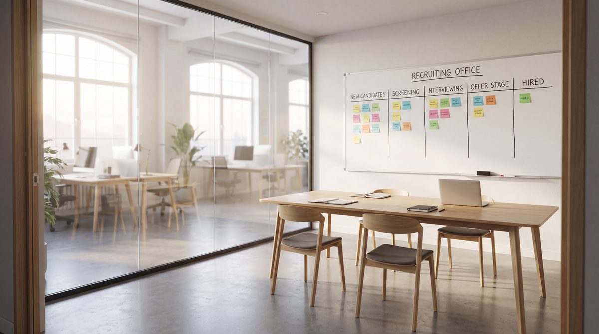 Modern recruiting office with calendar and candidate pipeline visible