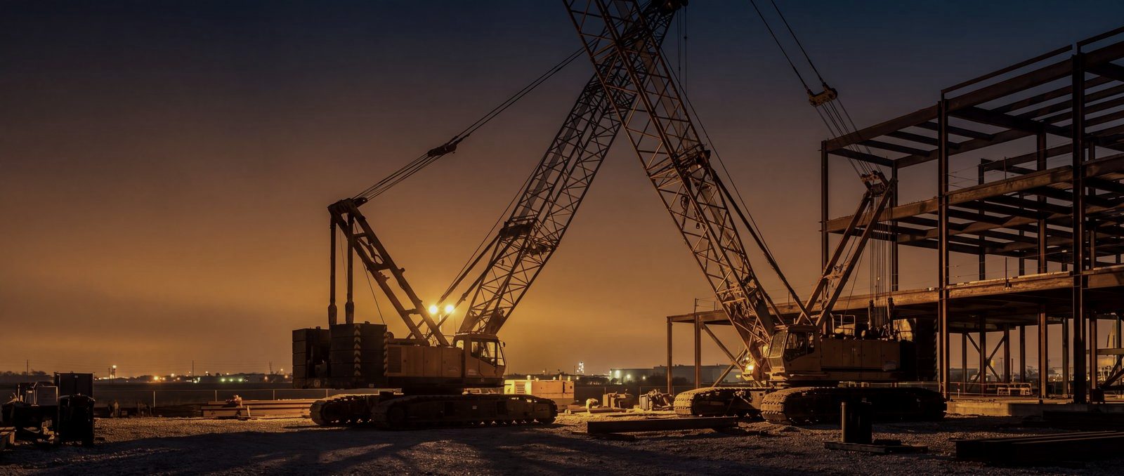 Tilt-up concrete warehouse under construction, wall panels braced with steel pipes, open-web joists overhead, crane in the distance