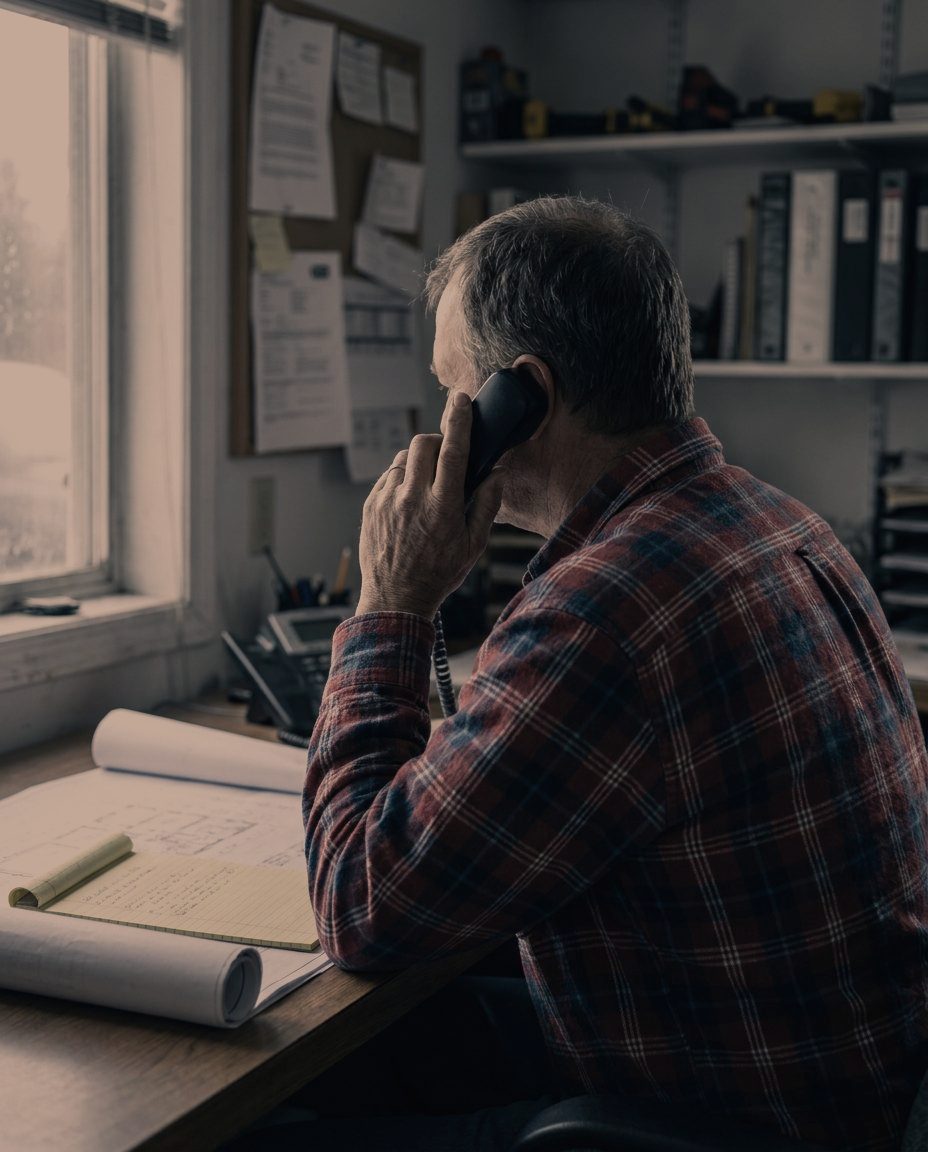 Person on the phone at a plain desk