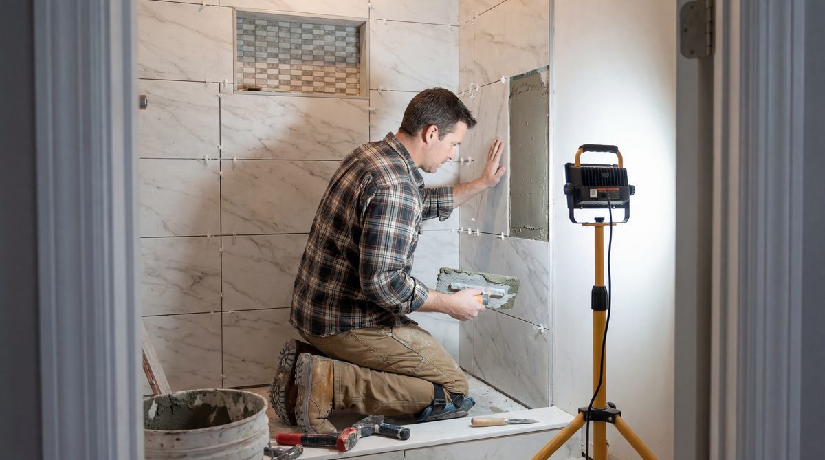 Bathroom remodeling contractor installing custom tile shower