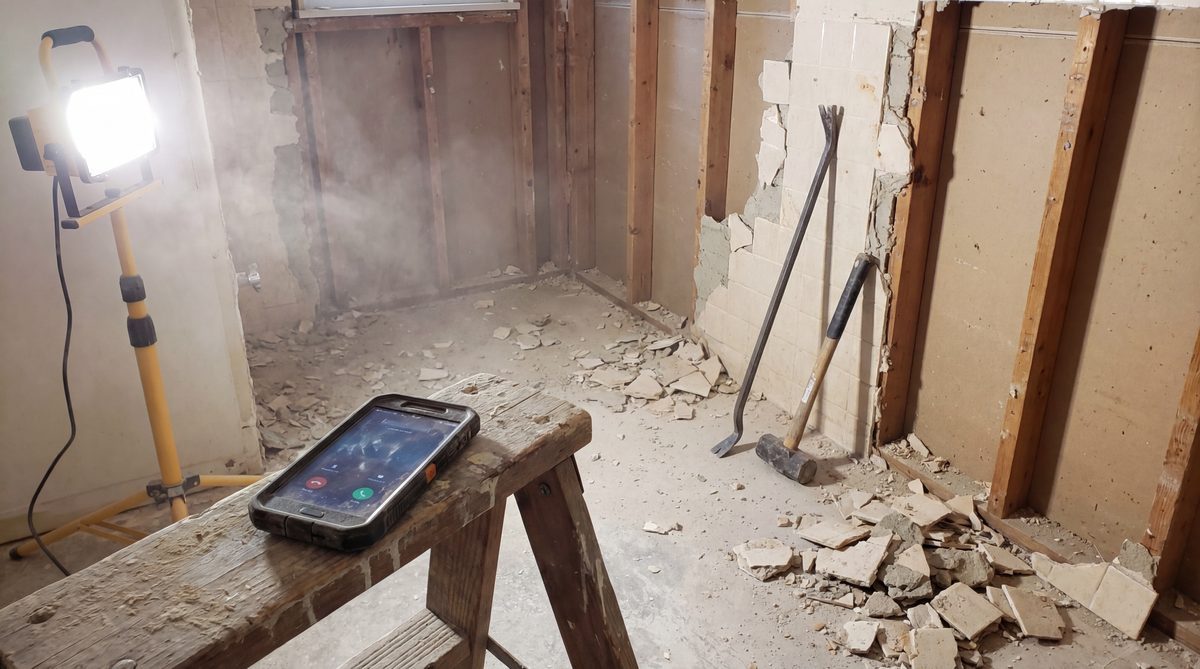 Bathroom mid-demolition with exposed plumbing and tile debris