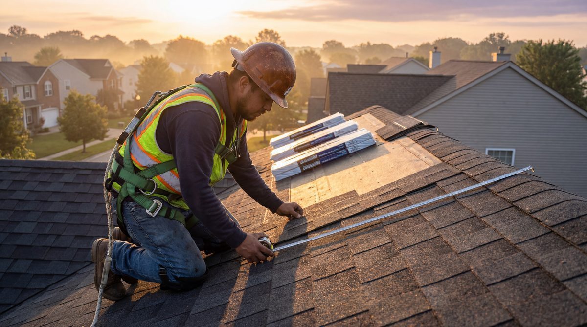 Roofing contractor on residential roof at sunrise with measuring tape