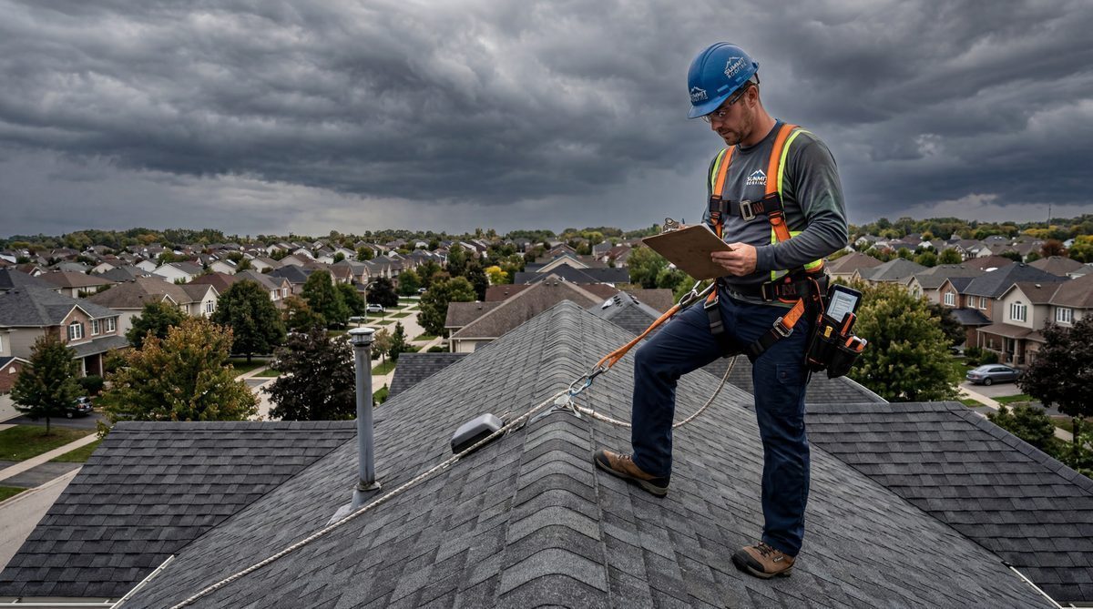 Roofing contractor on roof