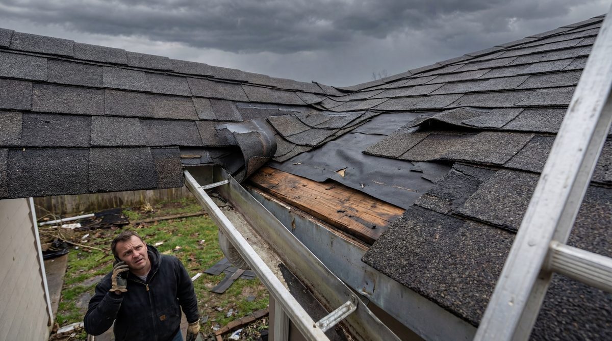 Storm-damaged roof shingles with homeowner calling for repair