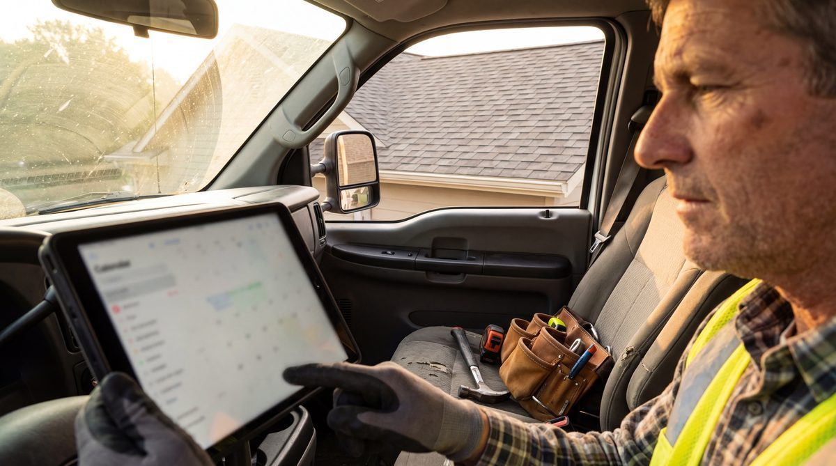 Roofing contractor reviewing AI-managed job schedule on tablet