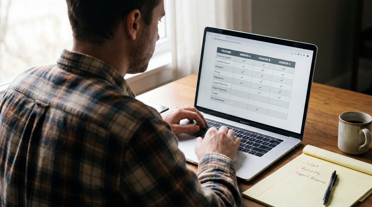 Service business owner reviewing an automation platform evaluation checklist on a laptop with a notepad beside it
