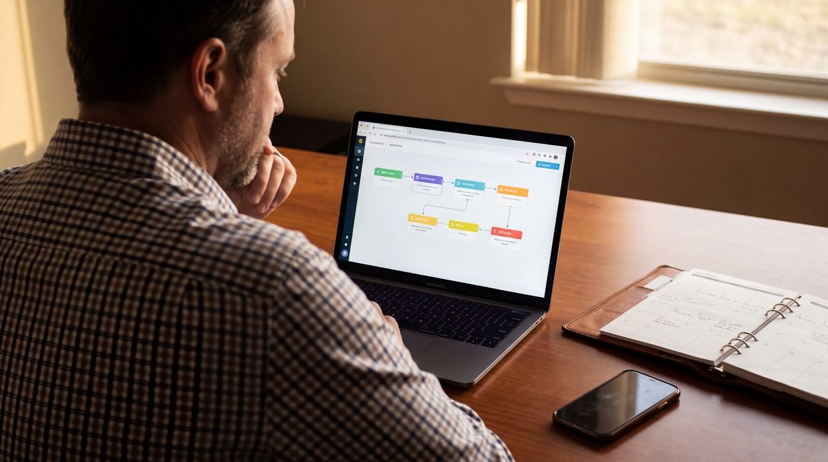 Service business owner reviewing automated workflows on a laptop with a phone and calendar visible on the desk