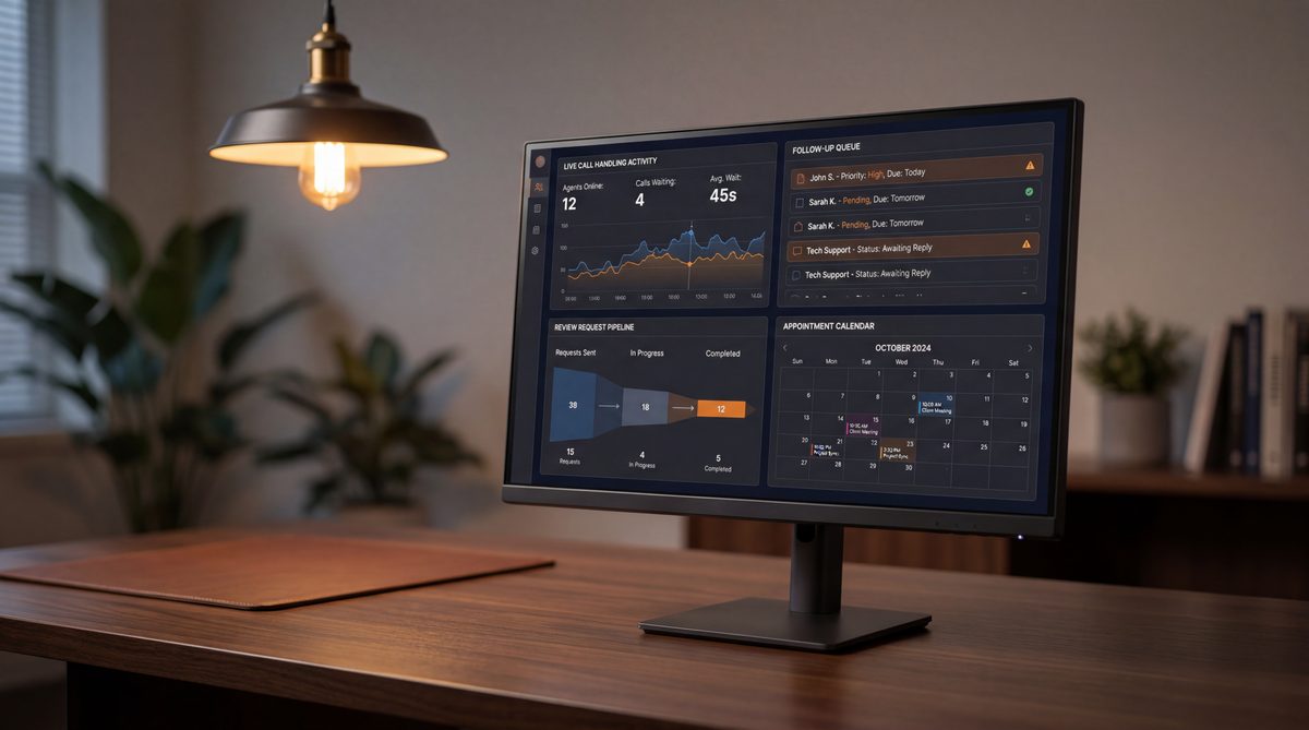 Ignitvio dashboard showing all small business automation workflows active: live call handling, follow-up queue, review request pipeline, and appointment calendar