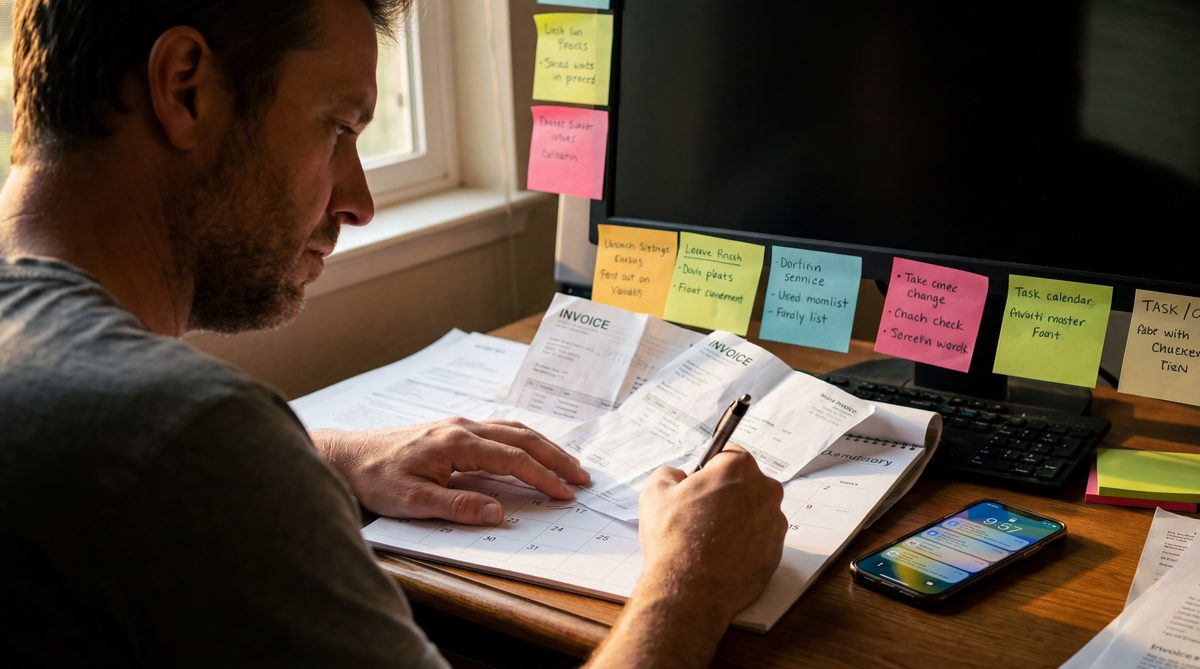 Service business owner overwhelmed at a desk surrounded by sticky notes, a phone, and a calendar full of manual scheduling entries
