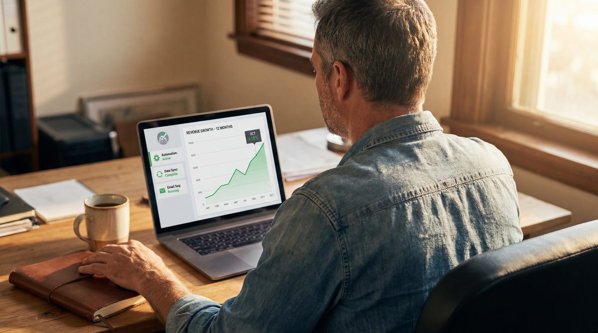 Service business owner reviewing a month-over-month revenue growth chart on a laptop with all automated workflows running in the background