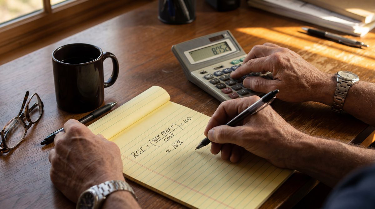Service business owner using a calculator and notepad to run ROI math on small business automation workflows at a desk