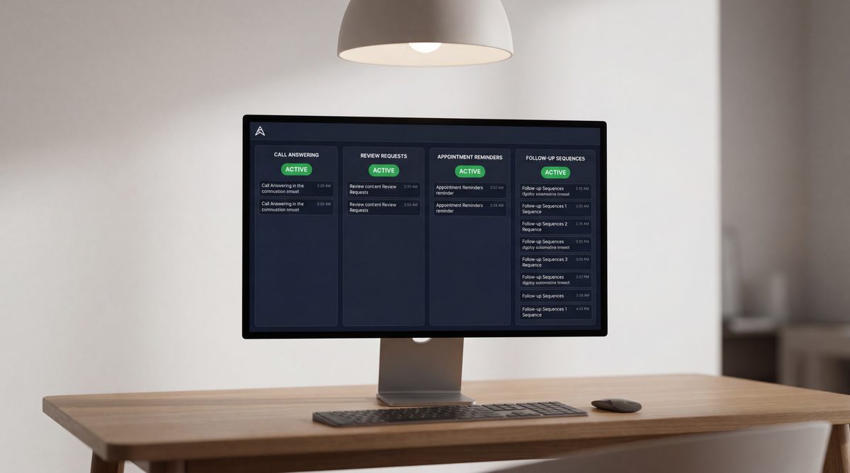 Dashboard showing automated small business workflows running in parallel: call answering, review requests, appointment reminders, and follow-up sequences, all without manual input