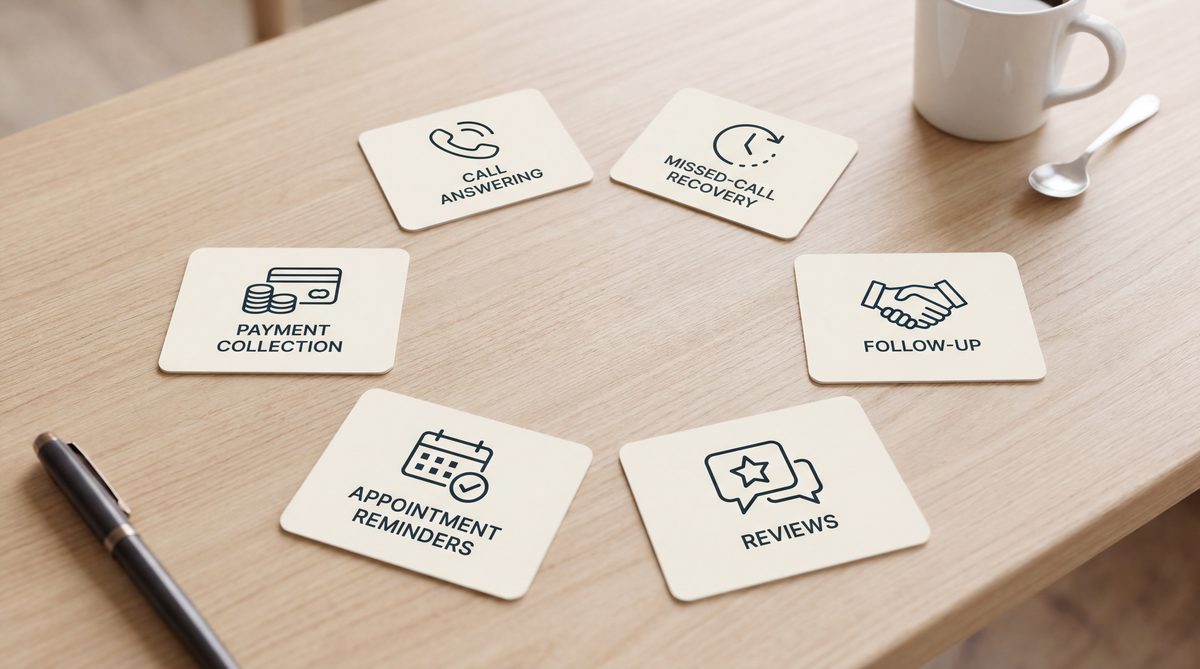 Visual showing six small business automation workflows arranged as a compounding cycle: call answering, missed call recovery, follow-up, reviews, appointment reminders, and payment collection