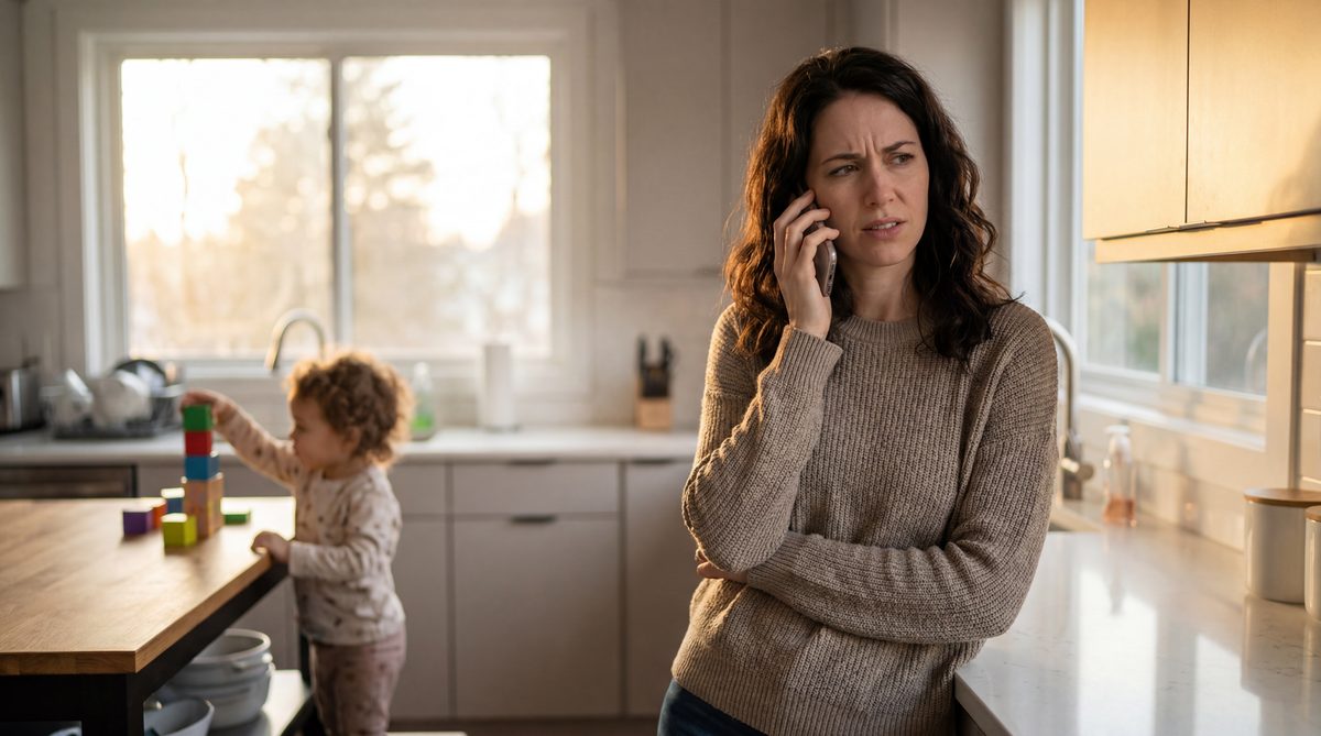 Spanish-speaking homeowner calling a contractor while their child stands nearby in a kitchen