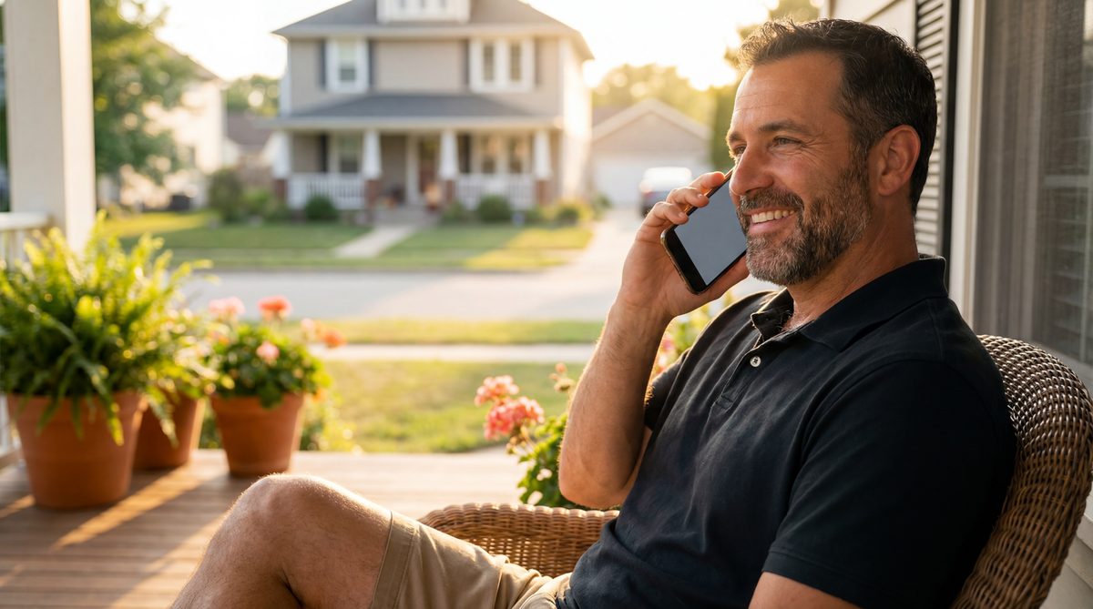 Spanish-speaking customer holding smartphone with relieved expression while talking to a service business