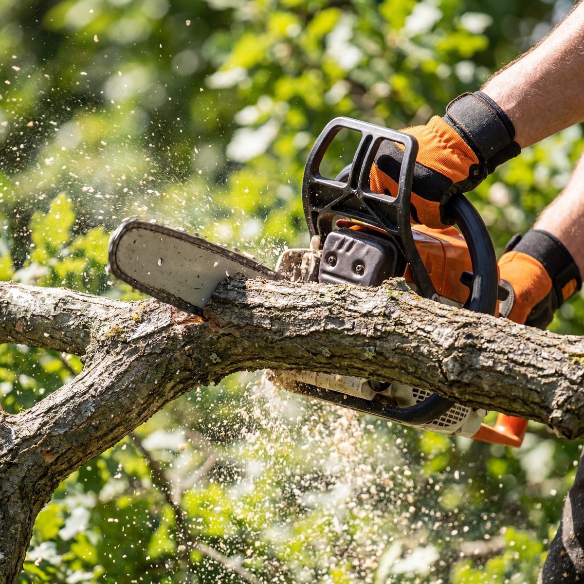 Chainsaw cutting through oak branch