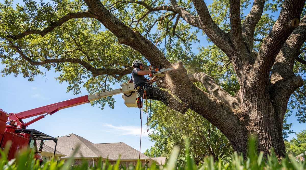 Arborist in climbing harness trimming oak tree with chainsaw