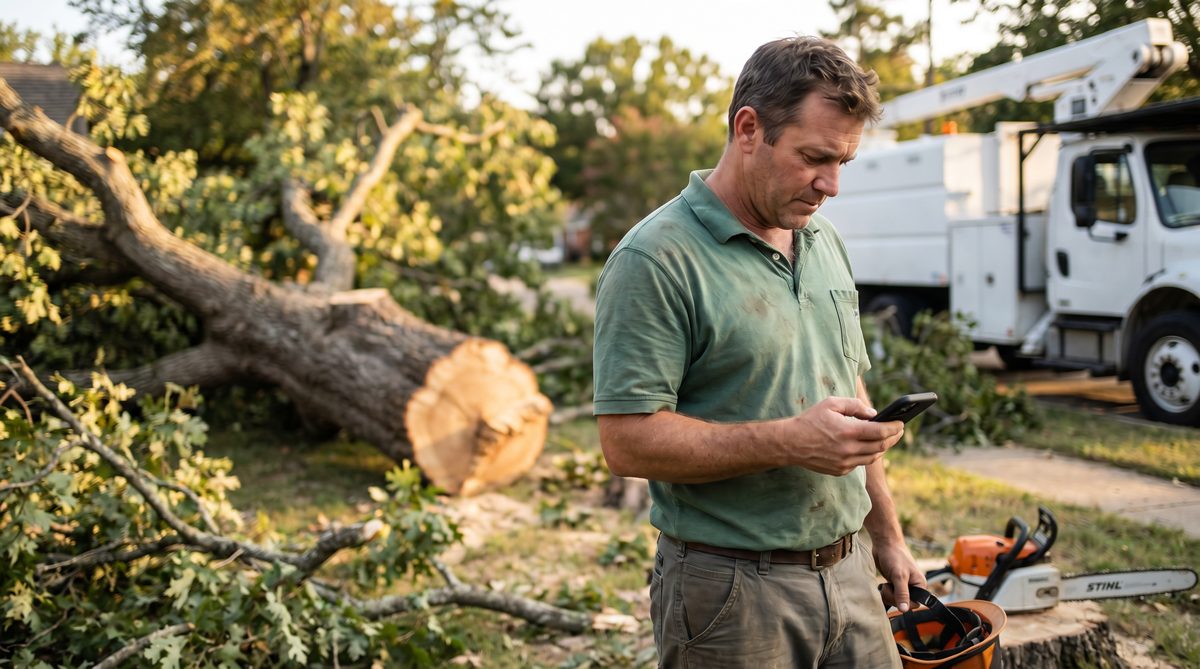 Tree service crew removing a large storm-damaged oak while the owner checks his phone for missed calls