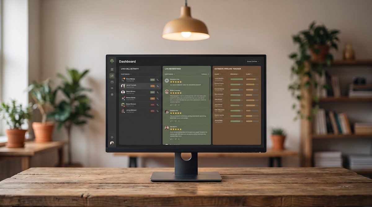 Ignitvio dashboard showing tree service call activity, live reviews, and estimate pipeline tracking