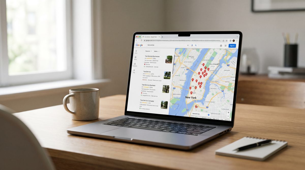 Laptop showing Google Maps local pack results for tree service searches in a city