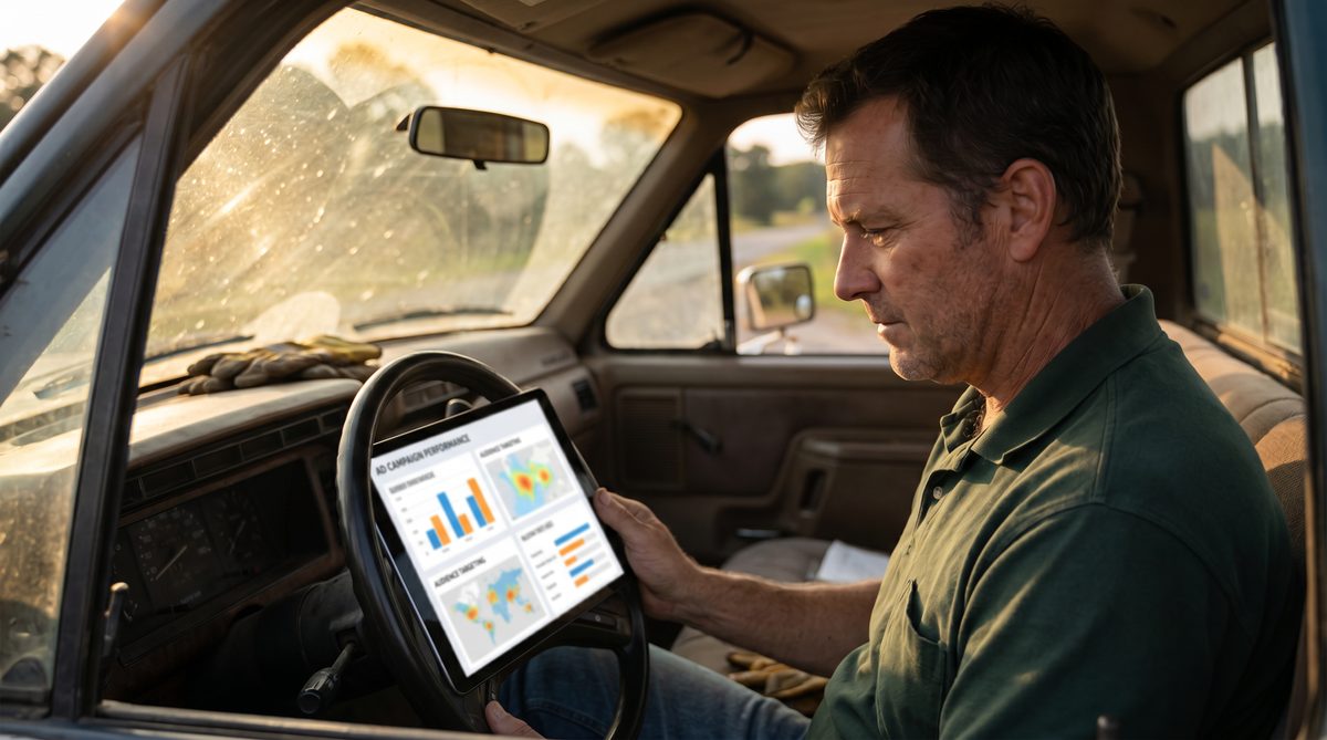Tree service owner reviewing Facebook ad campaign results on a tablet in his truck