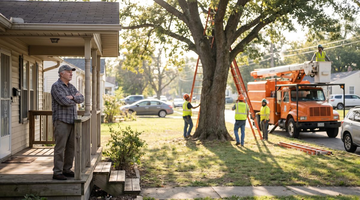 Neighbor watching a tree service crew working in an adjacent yard, next customer in plain sight