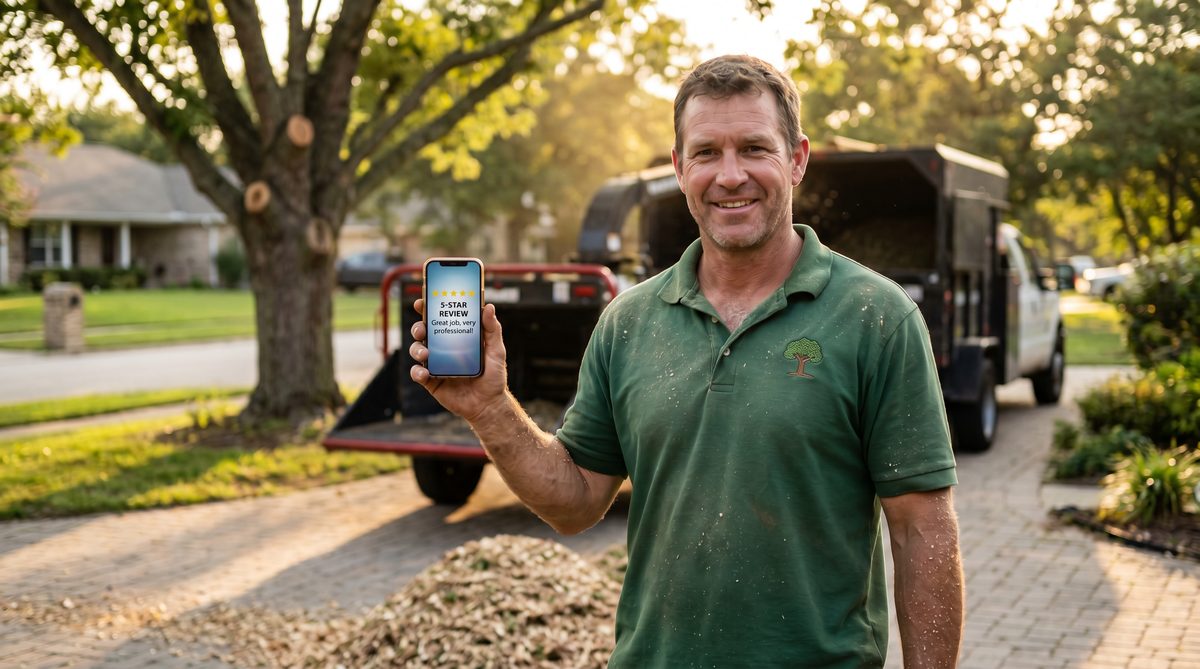 Tree service owner checking 5-star Google reviews on phone after completing a large removal job