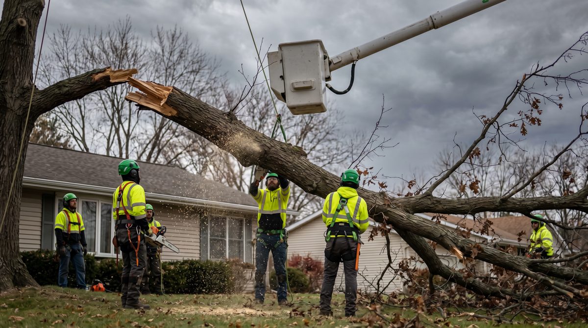 Tree service crew removing a large storm-damaged oak from a residential yard