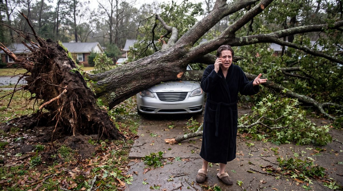 Storm-damaged tree fallen across a driveway with a homeowner making an urgent call to a tree service
