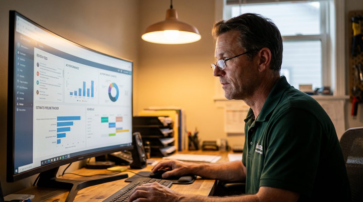 Tree service business owner reviewing his complete marketing dashboard on a laptop in the office