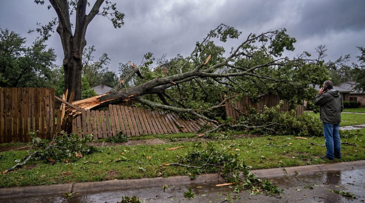 Fallen tree branch on residential fence after storm