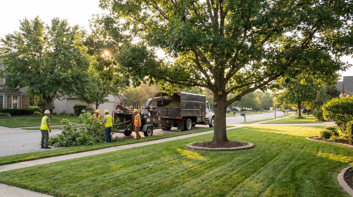 Tree service crew loading logs into chipper on residential street