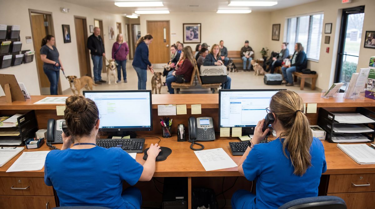 Busy veterinary clinic front desk during morning rush with two CSRs handling client check-ins