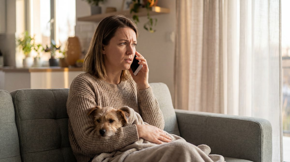 Worried pet owner cradling a small dog while calling a veterinary clinic from her couch
