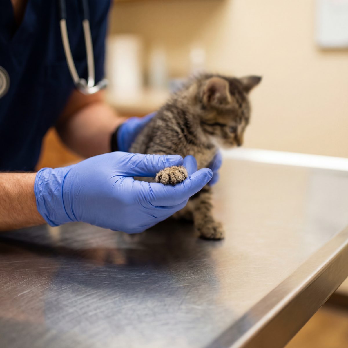 Veterinarian examining kitten paw