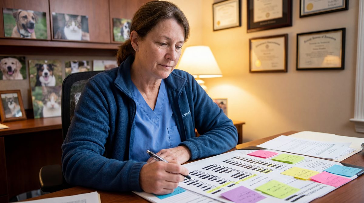 Veterinary practice owner in scrubs reviewing a service evaluation checklist with sticky notes flagging key criteria