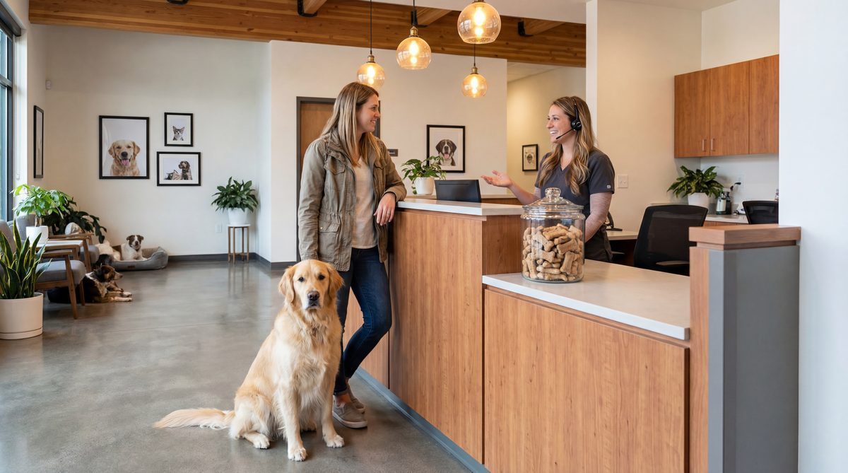 Golden retriever with owner at veterinary clinic reception counter