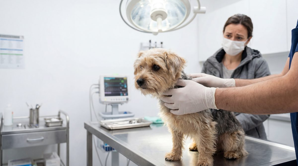 Veterinarian's hands examining a small dog in a clinical exam room with concerned owner in soft focus