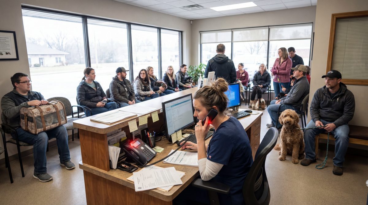 Busy vet clinic lobby with overwhelmed receptionist and waiting pets