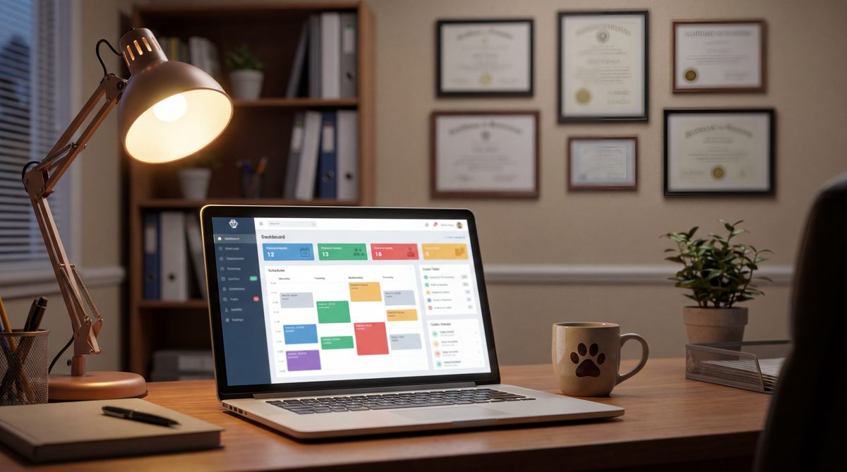 Veterinary practice manager office with a laptop open to a practice management dashboard