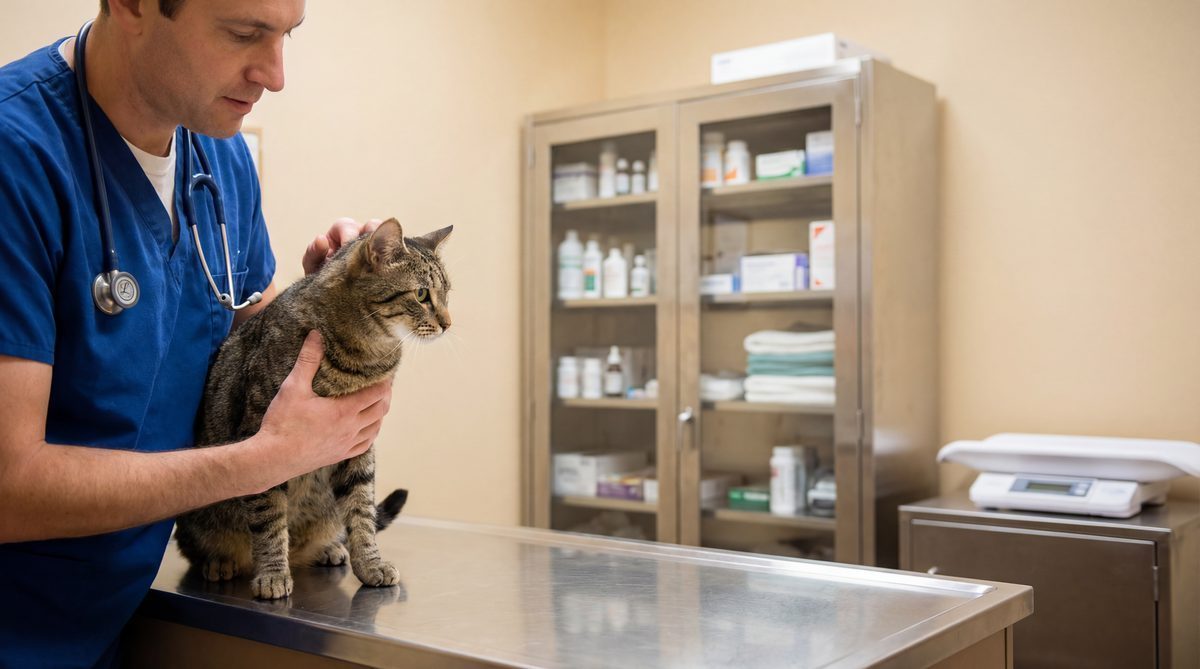 Veterinarian examining cat in organized exam room