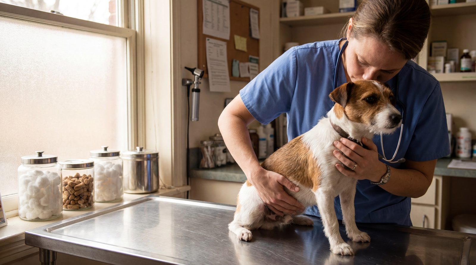 Veterinarian examining a dog while reception phones ring unanswered in the background