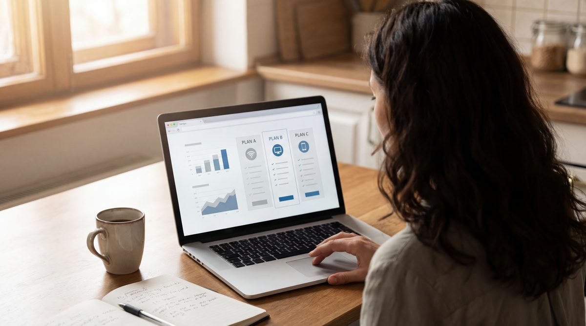 Person reviewing answering service contract on laptop